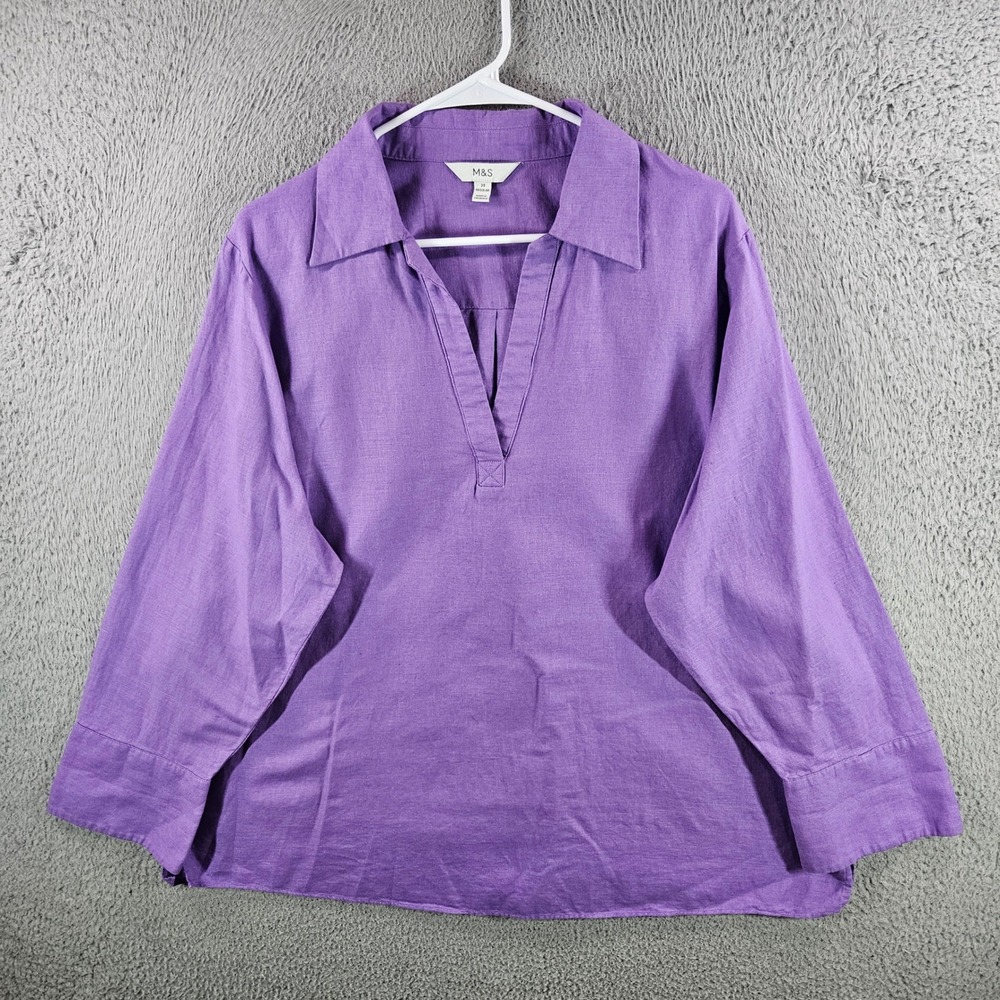 M&S Purple Linen Blend V-Neck Tunic Blouse Long‎ Sleeve Size 16 US 20 UK Regular